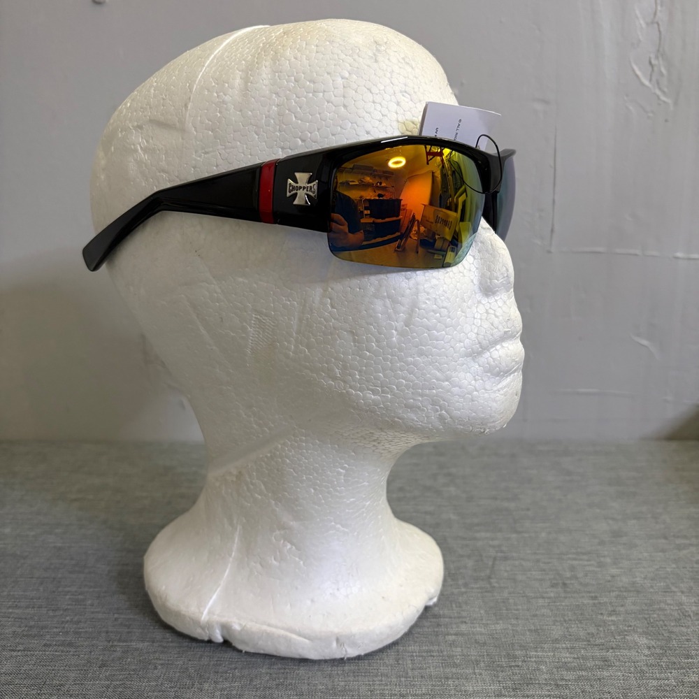 Choppers Sunglasses Mens OS Black Gloss Mirrored Orange Lens Biker Wrap Around